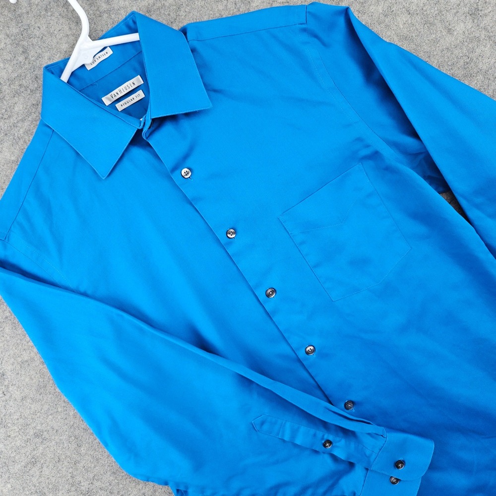Van Heusen Dress Shirt Men's Blue M 15 32/33 Regular Fit Lux Sateen Long Sleeve